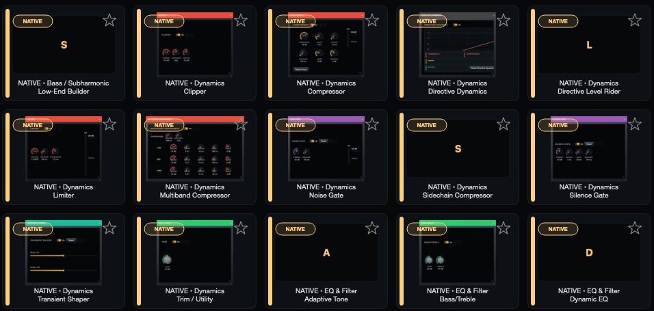 Mix Directive plugin browser grid showing built-in effects including Low-End Builder, Clipper, Compressor, Directive Dynamics, Level Rider, Limiter, Multiband Compressor, Noise Gate, Sidechain Compressor, Silence Gate, Transient Shaper, Trim and Utility, Adaptive Tone, Bass and Treble, and Dynamic EQ