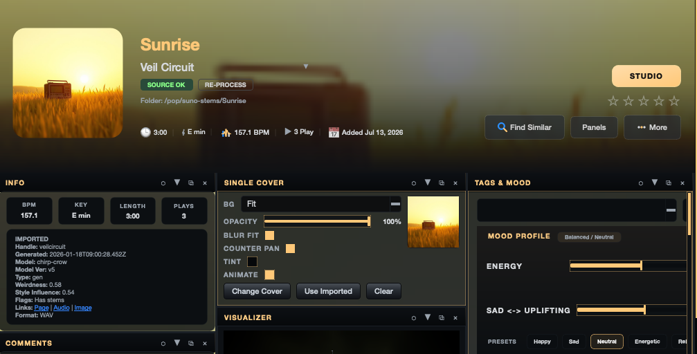 Mix Directive song details for Sunrise by Veil Circuit — cover artwork, source-OK status, folder path, length, key, tempo and play count, an info panel with imported metadata, cover controls, and a tags and mood profile
