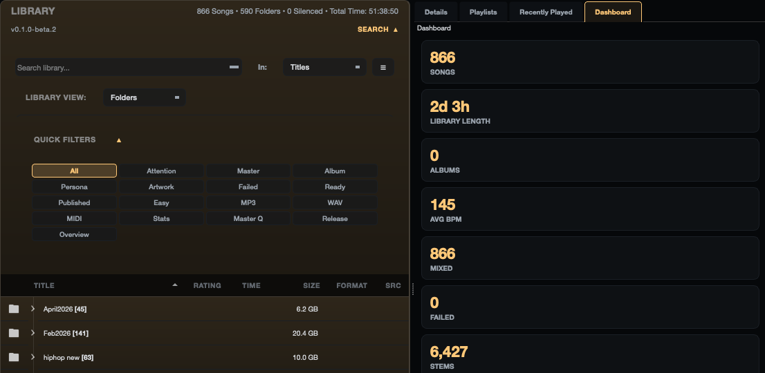 Mix Directive library showing 866 songs across 590 folders, a search field, quick filters for artwork, master, and release state, and a folder list with sizes, beside dashboard tiles for songs, library length, and stems