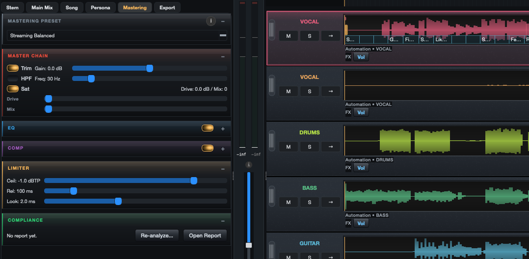 Mix Directive mastering panel with the Streaming Balanced preset, master chain trim, filter and saturation, EQ and compressor stages, a true-peak limiter set to −1.0 dBTP, and a compliance report, beside the stem lanes
