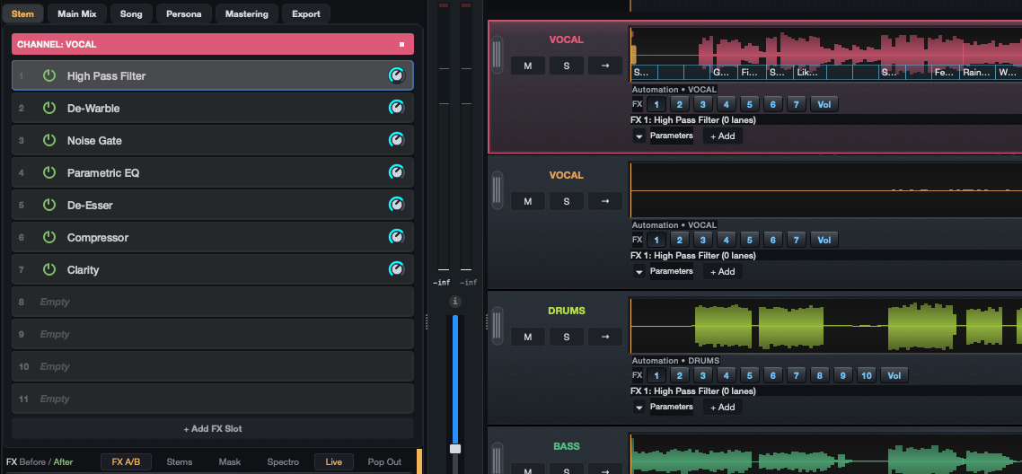 Mix Directive Studio showing the vocal channel chain — High Pass Filter, De-Warble, Noise Gate, Parametric EQ, De-Esser, Compressor, and Clarity — beside vocal, drums, and bass stem lanes with automation controls