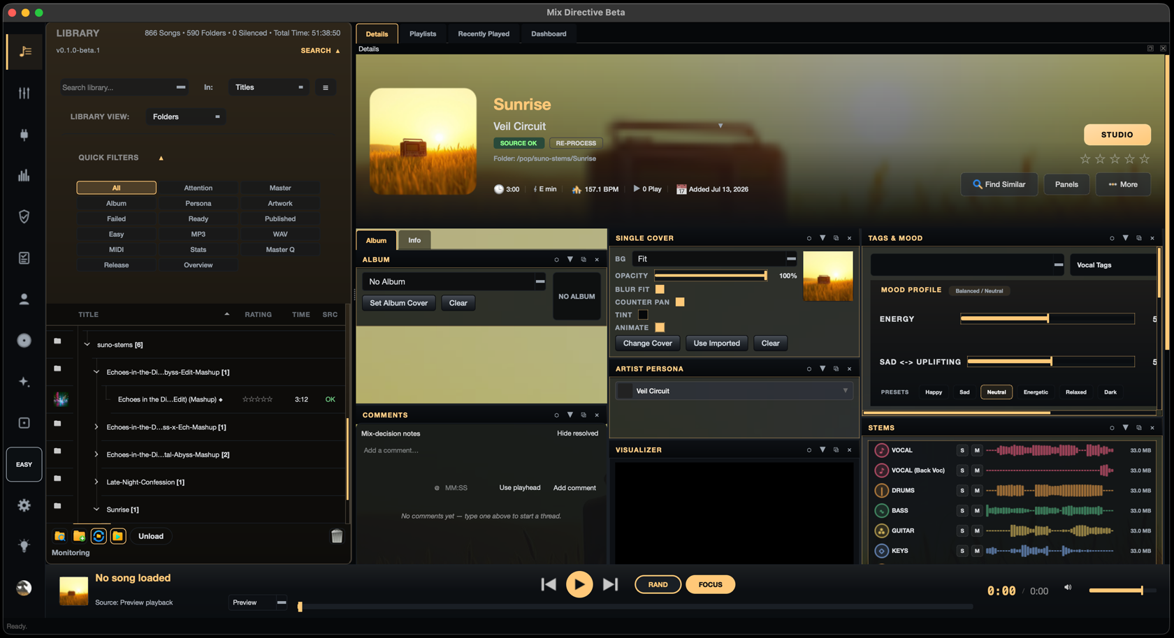 Mix Directive Library showing the Sunrise song with artwork, metadata, mood controls, and multitrack stems