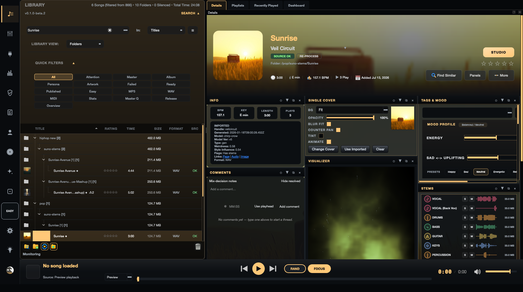 Mix Directive Library showing a searchable song catalogue with folders, quick filters, song details, metadata, mood controls, and stem previews