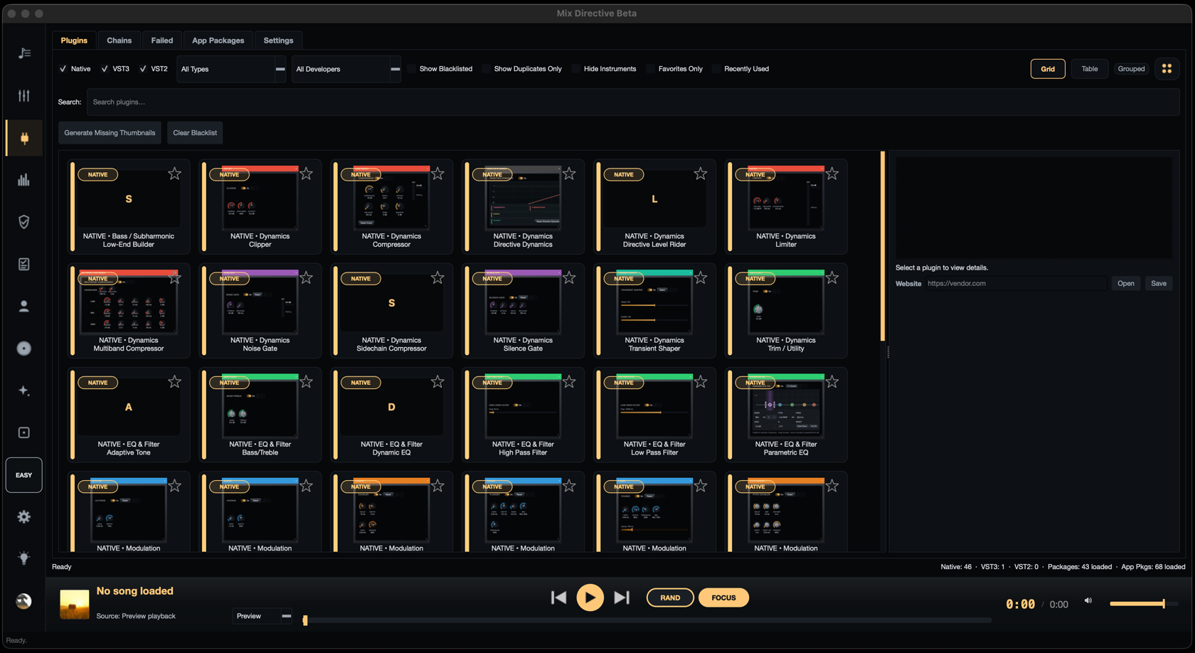 Mix Directive plugin browser showing native effects in a searchable grid with plugin details