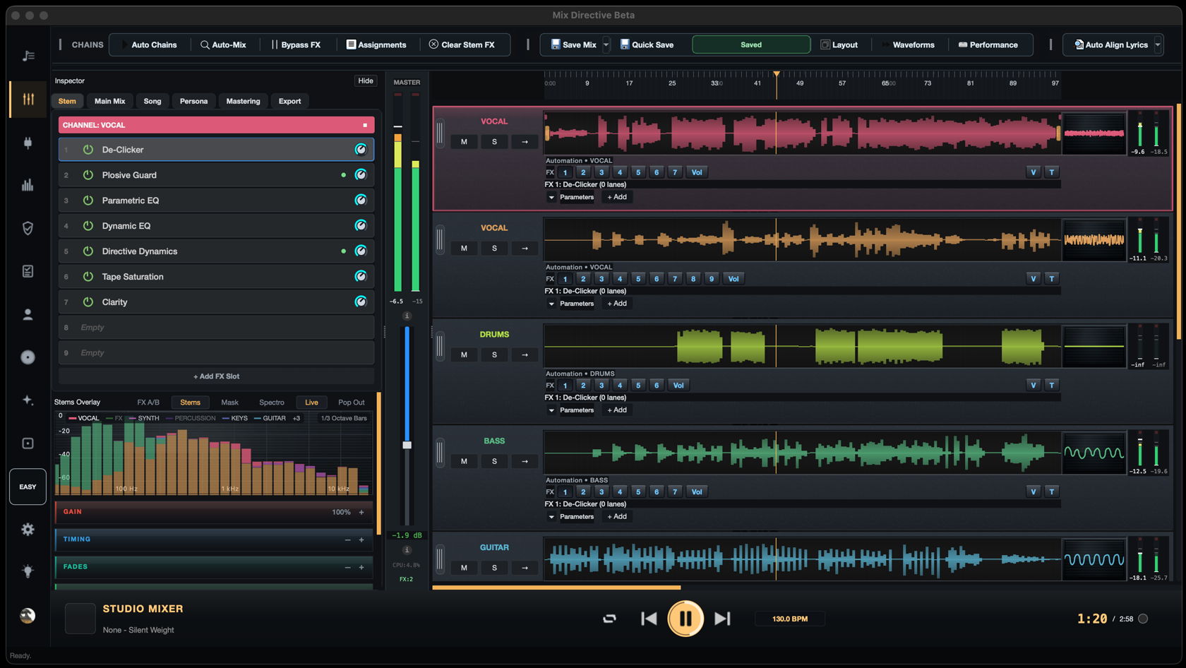 Mix Directive Studio mixer showing vocal, drums, bass, and guitar waveforms alongside effects and metering