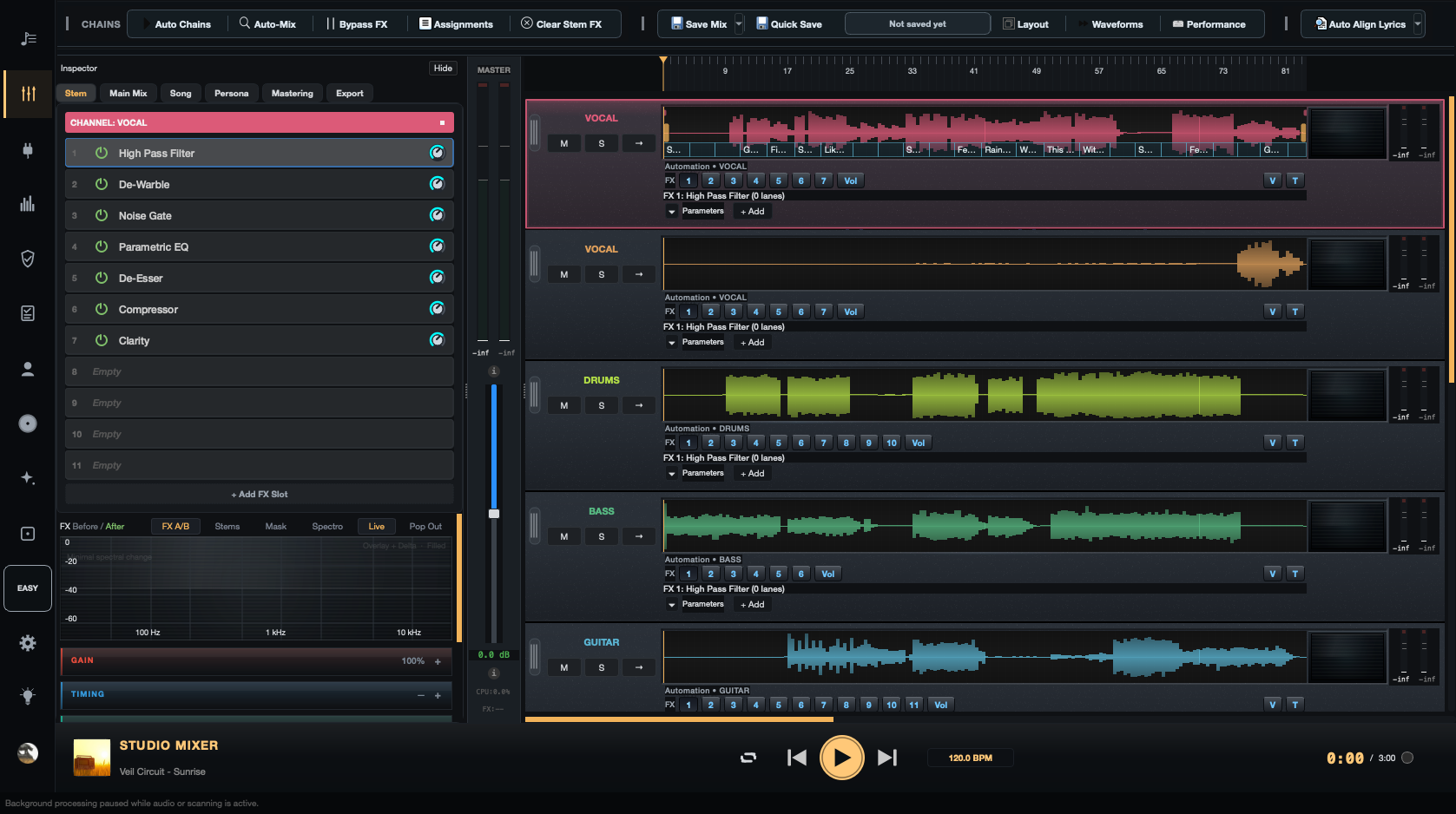 Mix Directive Studio mixer showing vocal, drums, bass, and guitar waveforms alongside effects and metering