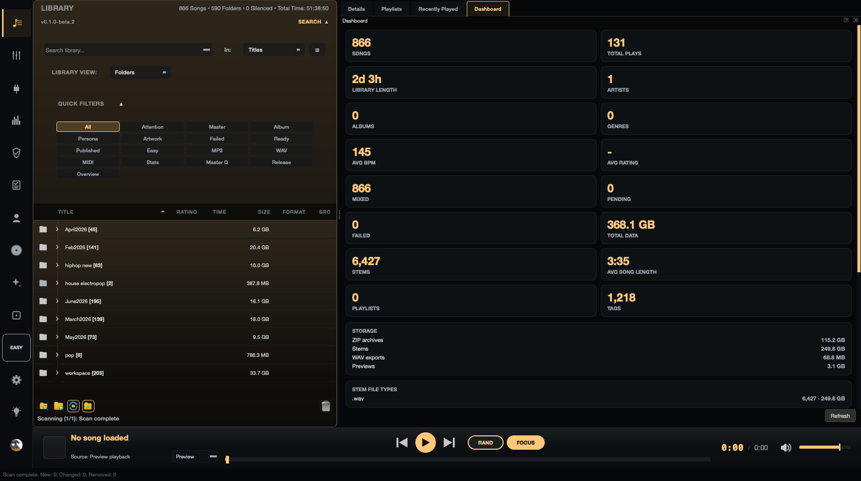 Mix Directive library dashboard showing catalogue stats — song and stem counts, storage use, and library totals