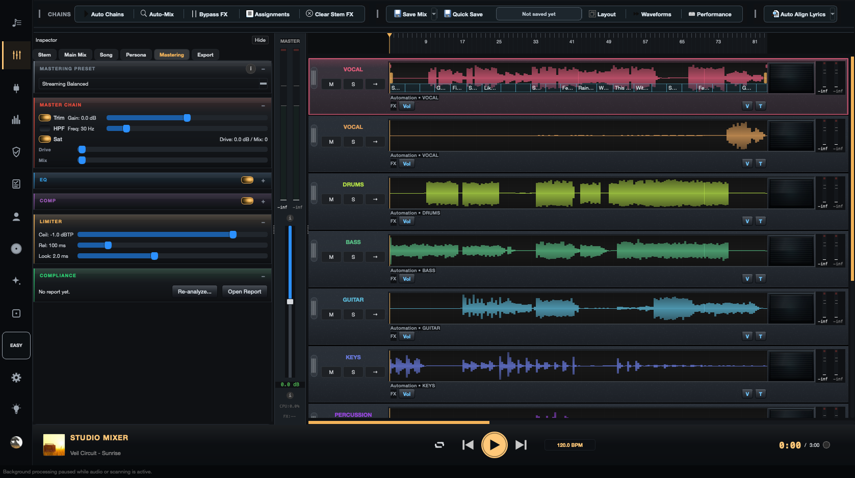 Mix Directive mastering panel with a streaming master chain — trim, EQ, compression, and a true-peak limiter set to −1.0 dBTP